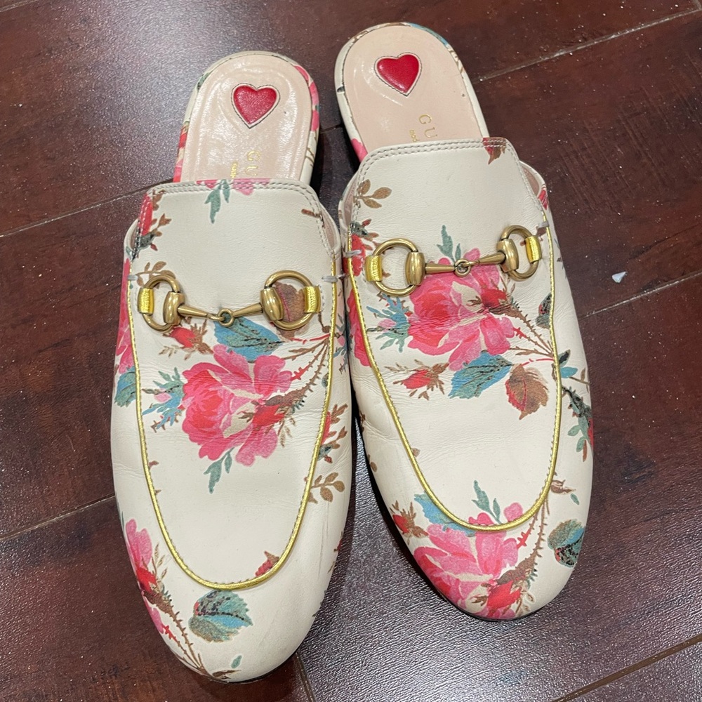 Authentic Gucci floral princetown mules gold detail